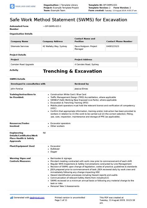 safe work method statement mini excavator|safe work method statement.